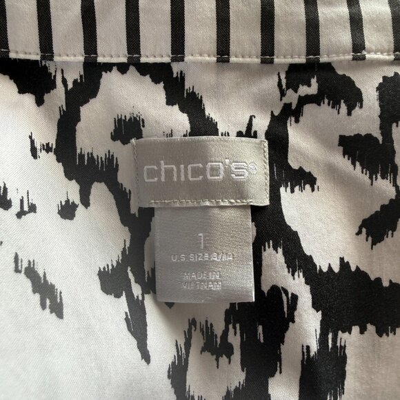 Chico's black and white striped and floral short sleeve button down shirt size 1 - Picture 8 of 9